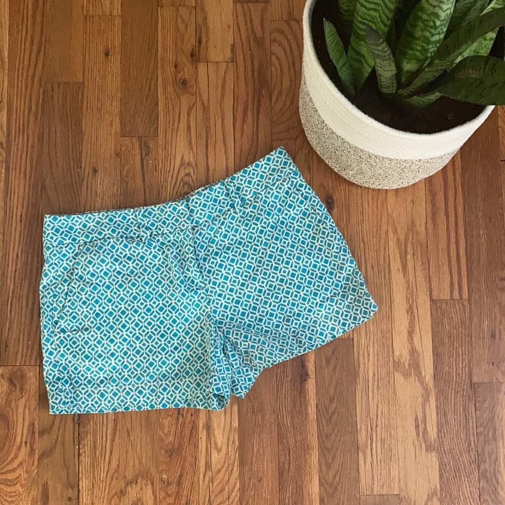 Loft Linen Blend Shorts Teal Geometric Pattern